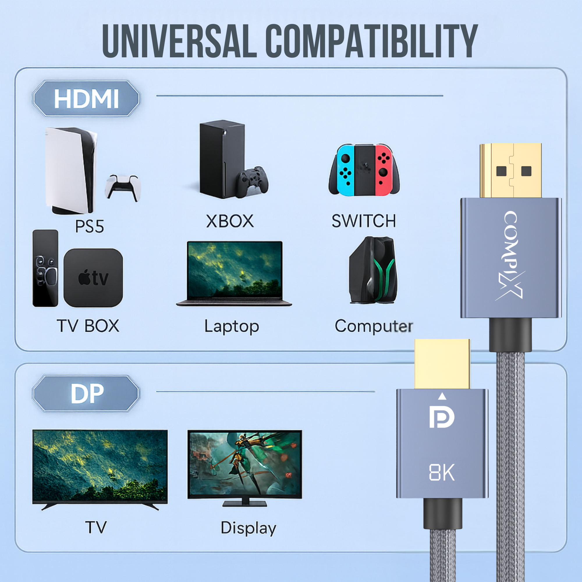 COMPIX DisplayPort Cable DP 1.2 / 1.4 High-Speed DP to DP 4K 8K HDR Gaming Monitor Cable – Gold-Plated Shielded & Braided (Multiple Lengths) - Image 4