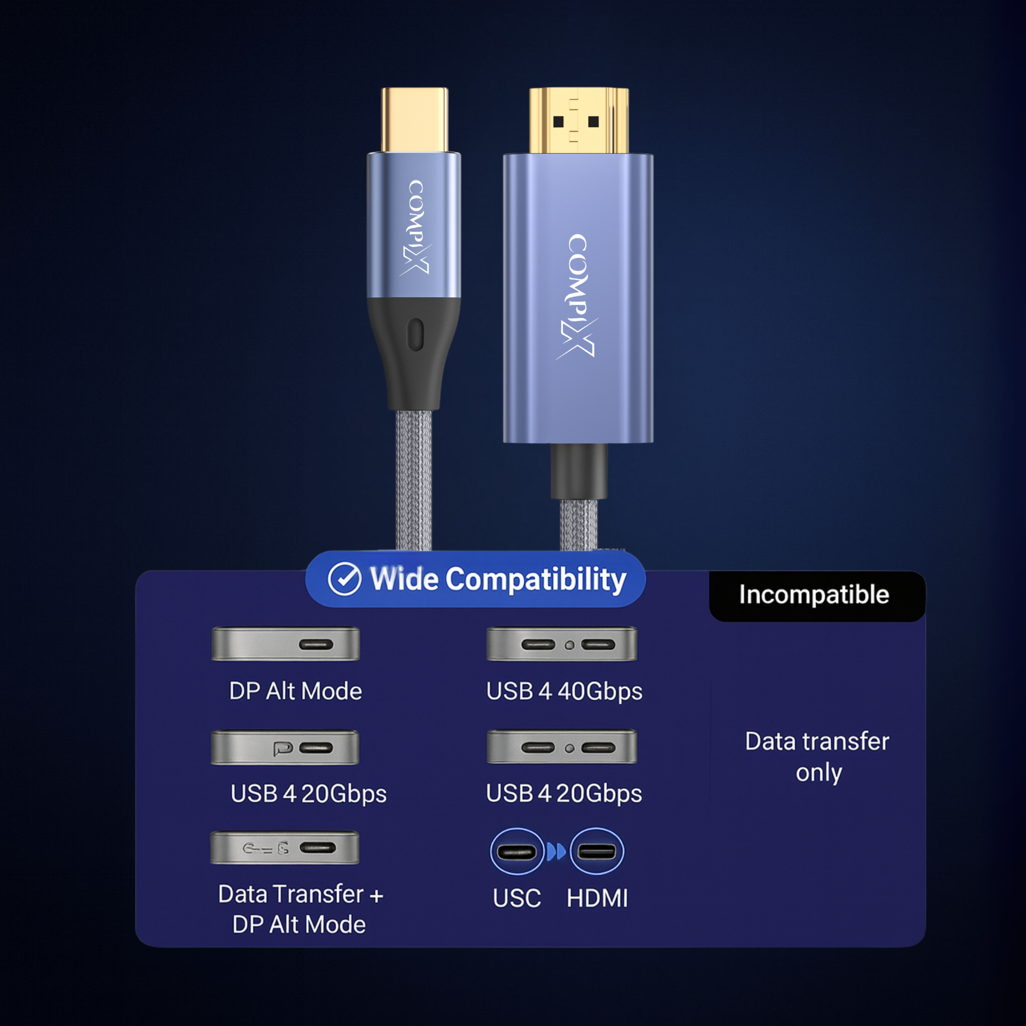 COMPIX USB-C to HDMI Cable 2M 4K@60Hz Type-C / Thunderbolt 3 to HDMI Braided Gold-Plated – Monitor & TV Adapter for MacBook, iPad, Galaxy, Laptop - Image 4